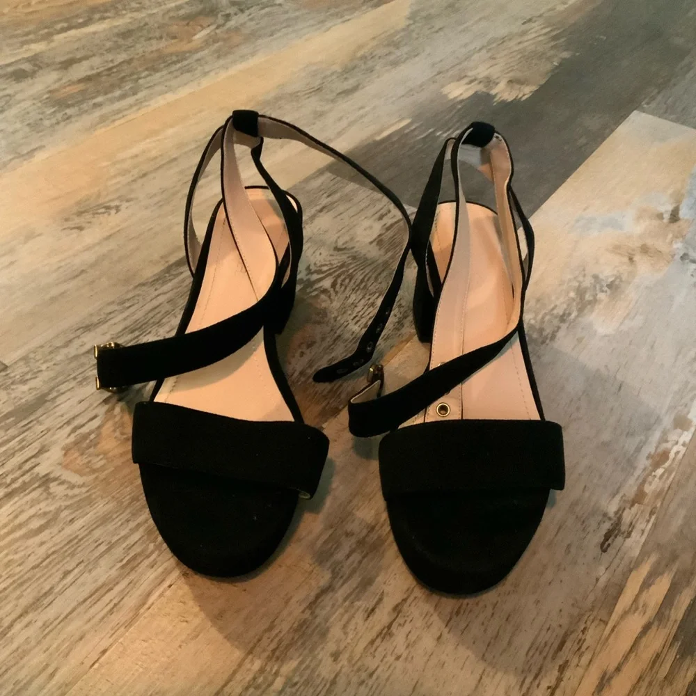 Coach Black Suede Ankle-Strap Block Heel Sandals with Gold Buckle Size 9